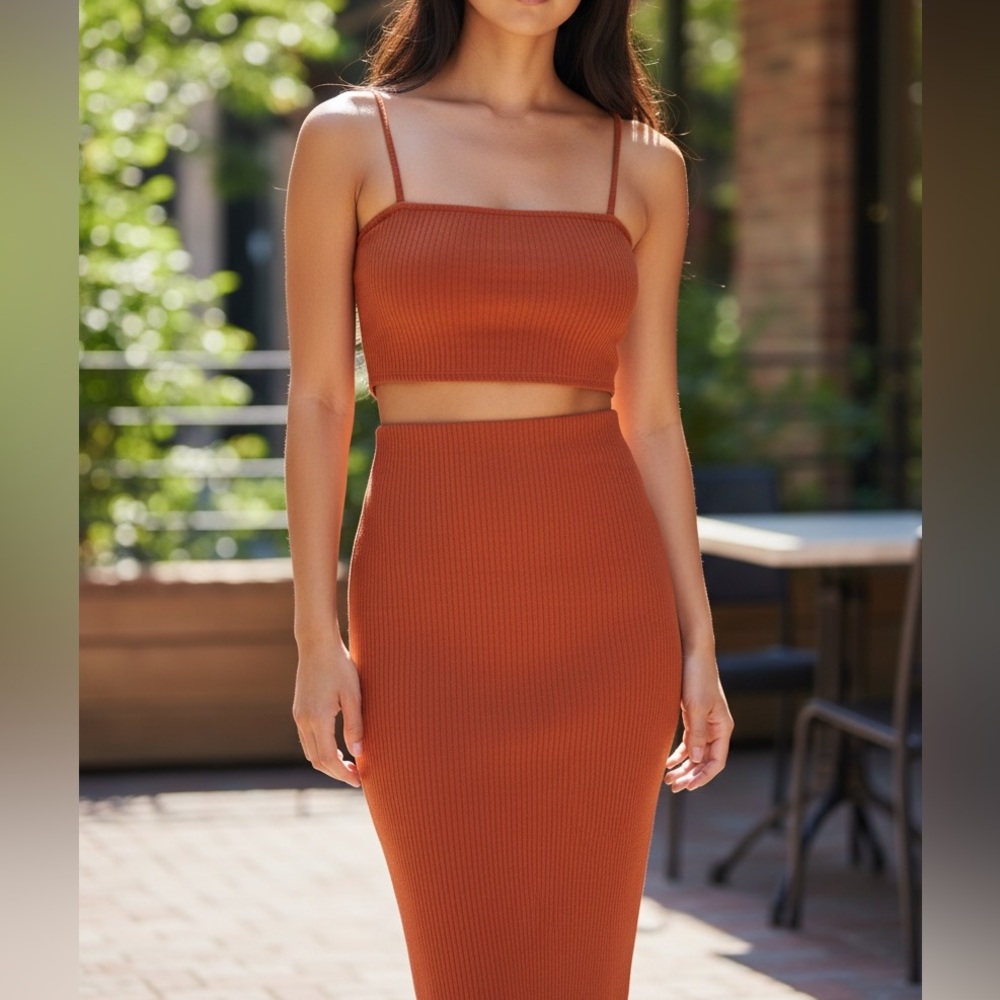 Reformation Moss Terracotta Skirt crop top Set XS - Picture 2 of 14